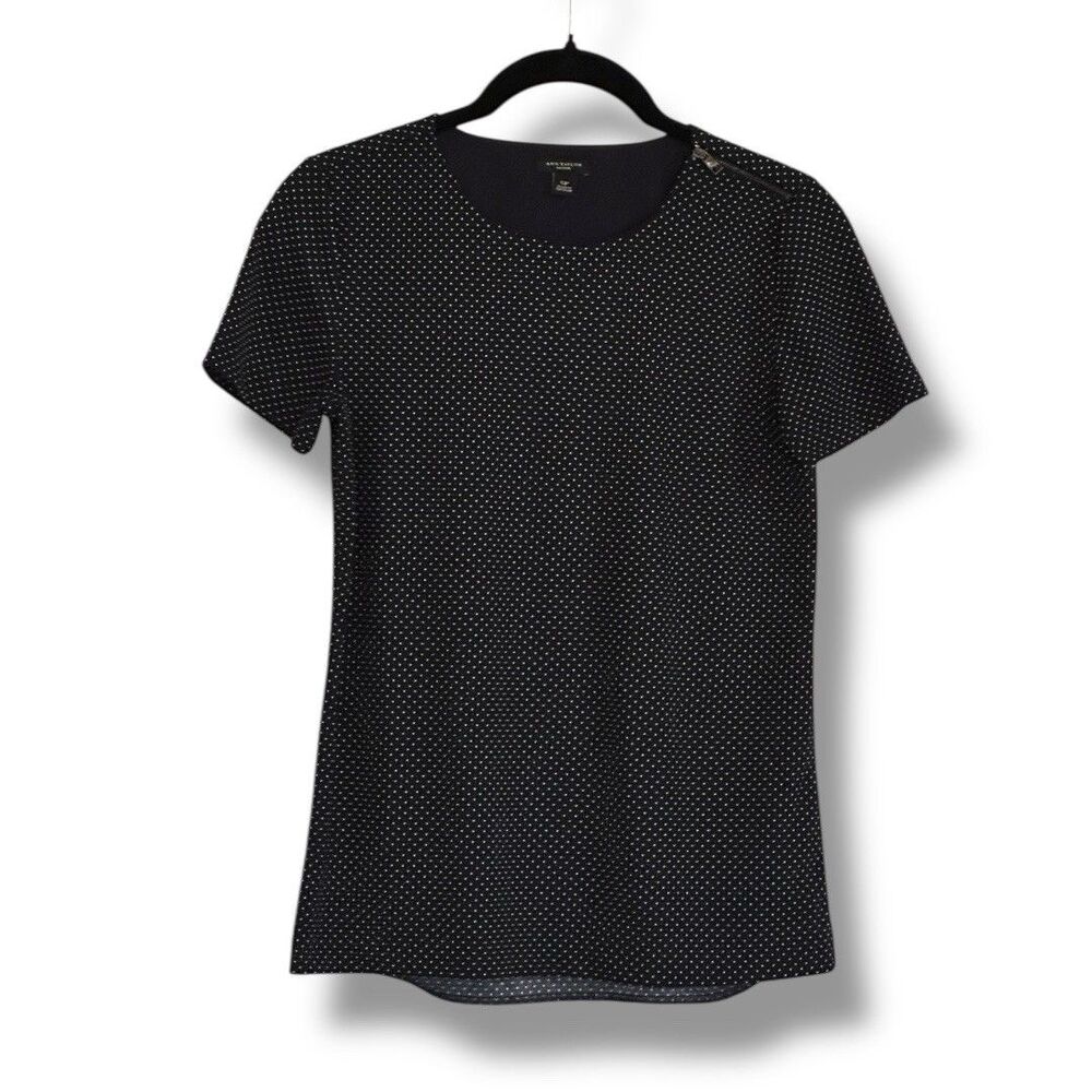Ann Taylor Black White Dotted Blouse Short Sleeve Petite Small Zipper Detail